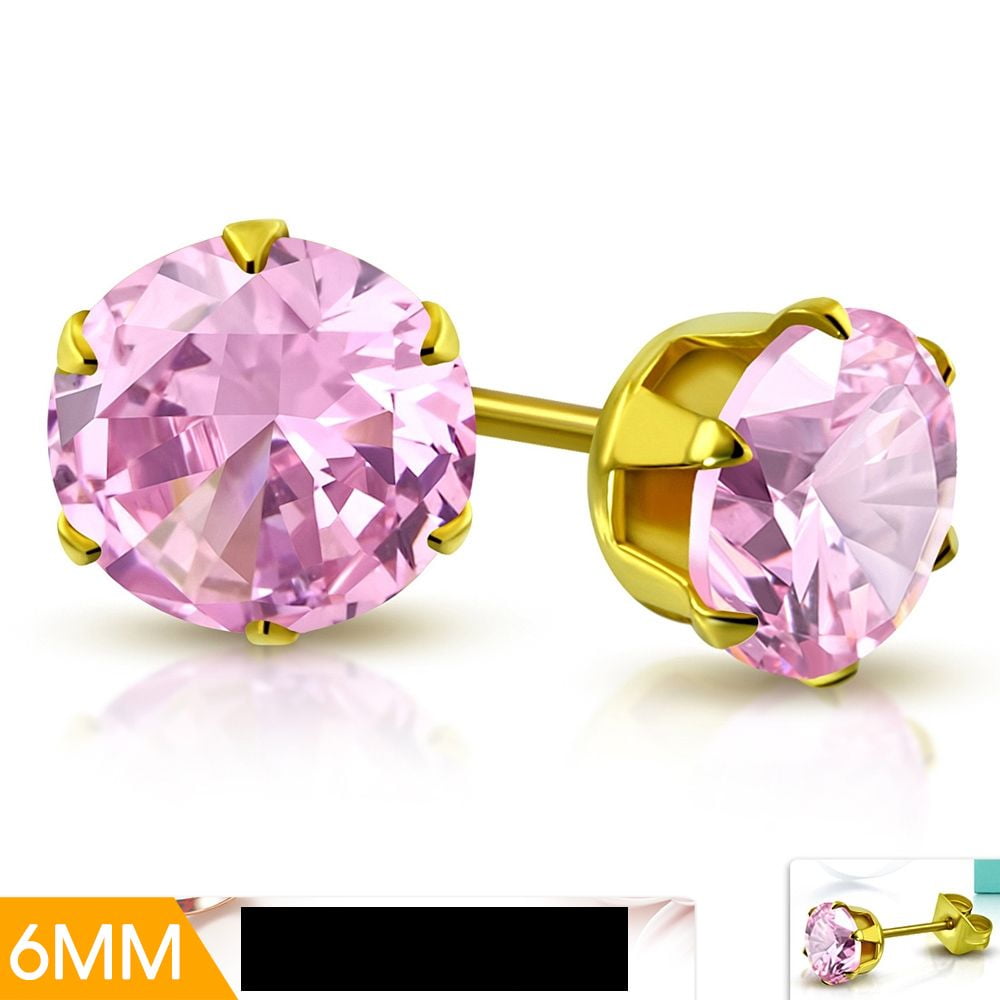 pair Stainless Steel Prong-Set Round Circle Stud Earrings with Light Purple// Violet CZ