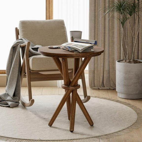 Round Wood End Table Farmhouse Wooden Side Table Rustic  Stand with Bundled Legs for Living Room, Office, Walnut