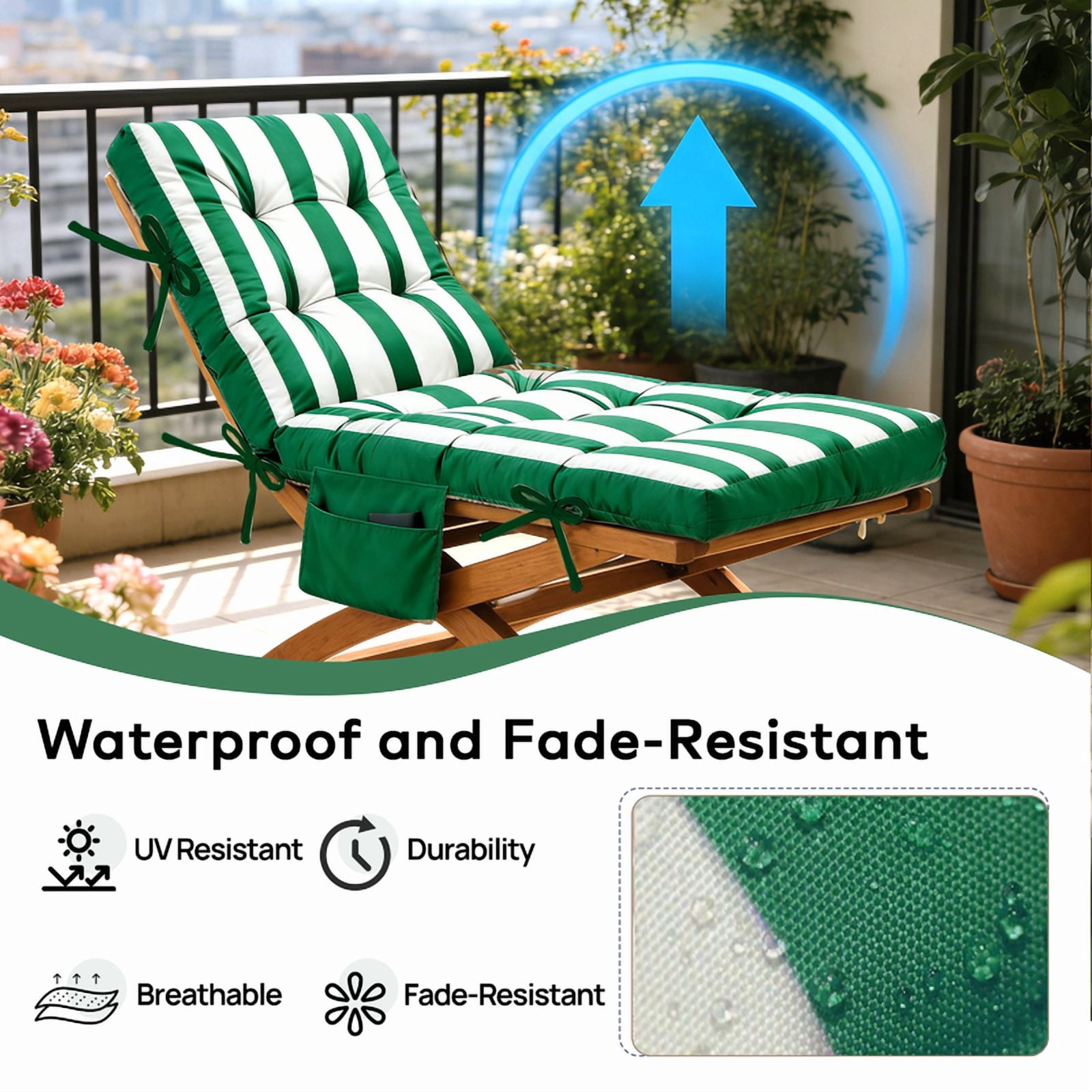 PUKNLY Chaise Lounge Chair Cushion Outdoor, 67*22*4 in Thickened Leisure Lounge Deck Chair Cushion, Waterproof & Fade-Proof Patio Pool Sun Lounger Pad with Straps, Bag, for Pool, Beach, Balcony
