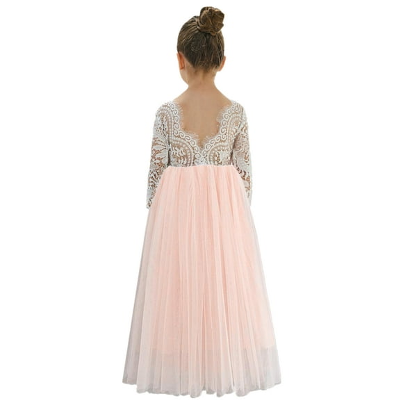 2Bunnies Robe de Demoiselle d'Honneur en Dentelle Dos Droit Tutu Tulle Fête Robe de Demoiselle d'Honneur (Manche Rose Maxi, 10/12)