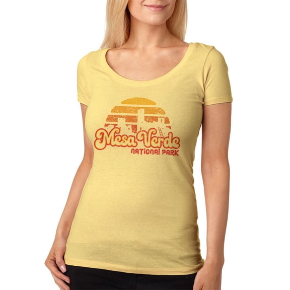 National Park Retro 70s Sunset Mesa Verde Womens Soft Scoop T Shirt Yellow Haze X-LG
