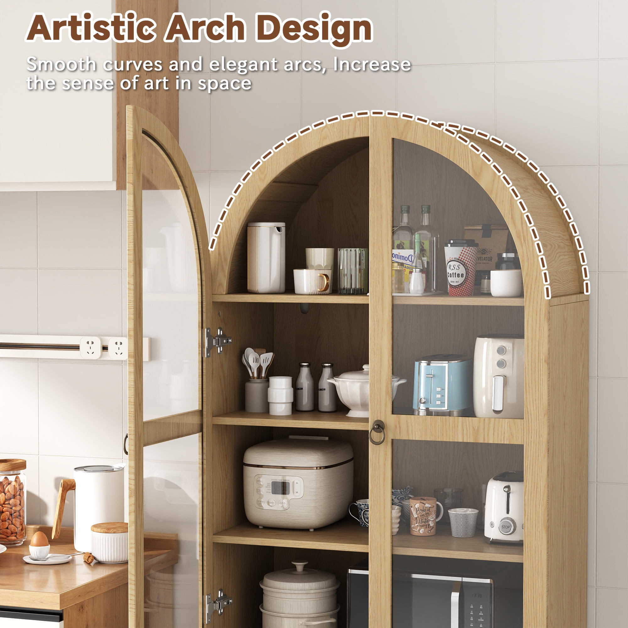 NEGYLIM 71'' Arched Kitchen Pantry Cabinet & Display Cabinet with Glass Doors, 4 Shelves, 2 Drawers, Solid Wood Legs, Suitable for Kitchen, Bedroom and Living Room, Easy Storage