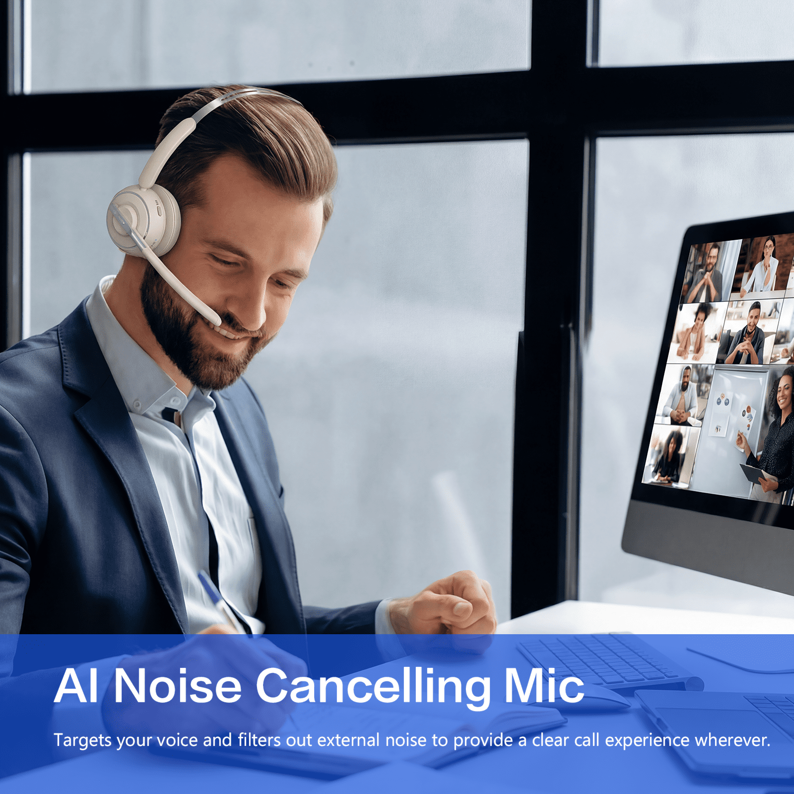 V5.2 Computer Bluetooth Headset with Microphone for PC, with Noise Cancelling Mic, USB Dongle, Charging Base & Mute Button for Work/Cell Phones/Computer/Call Center/Zoom