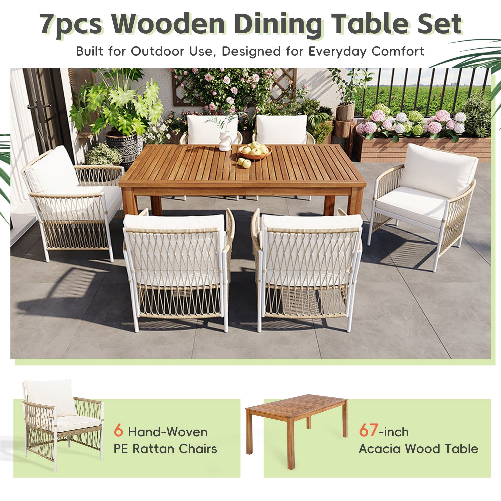 Sailvan Patio Dining Set of 7with 67" Acacia Wood Table and Rattan Armchairs,Weather-Resistant Outdoor Furniture for Garden & Poolside Natural