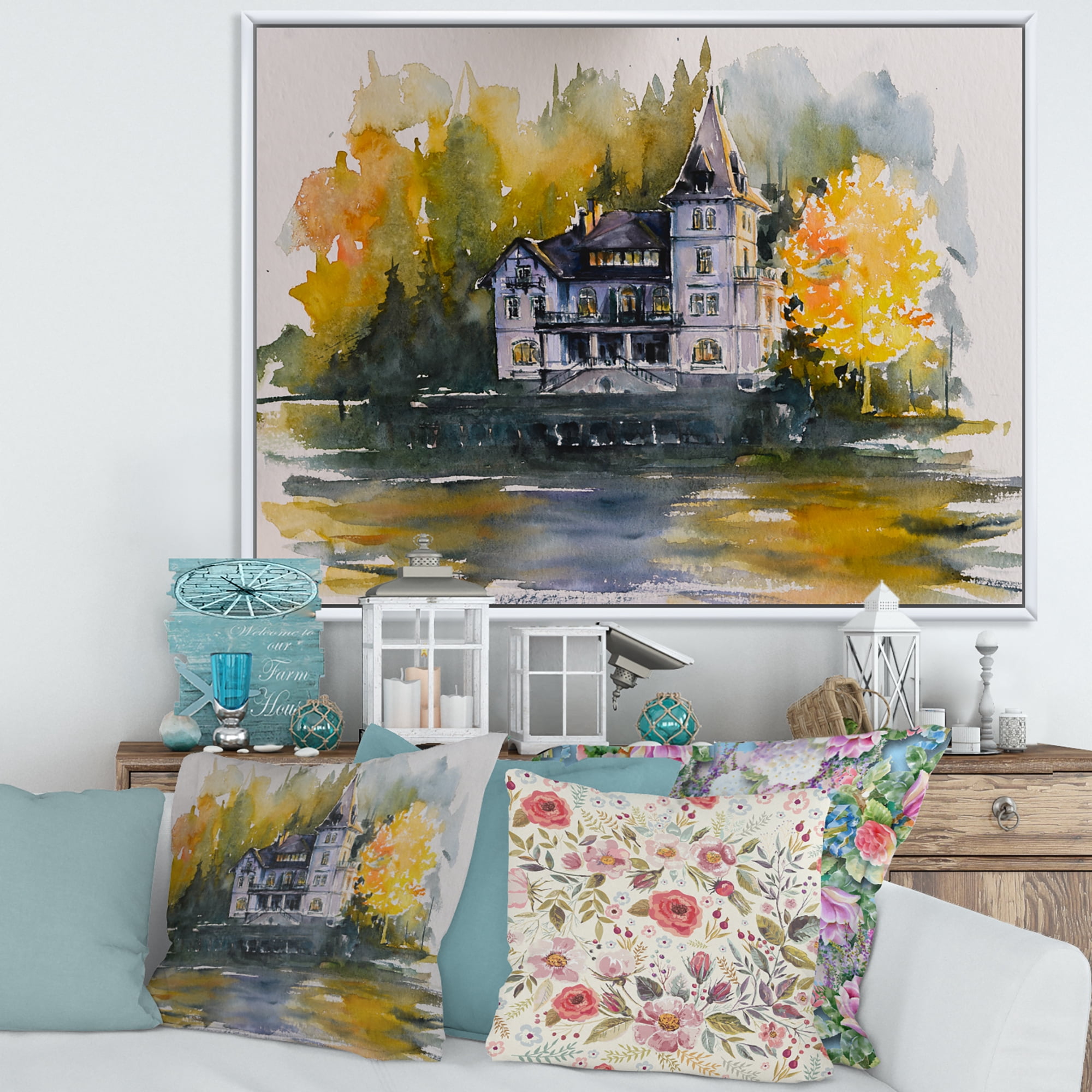 Designart 'Castle With Autumn Trees By The Lake' Lake House Framed Canvas Wall Art Print