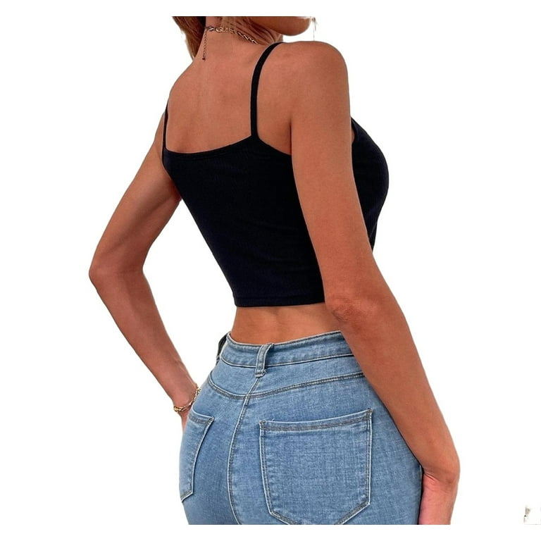 Women's Tank Sexy Plain Rib-Knit Cami Spaghetti Strap Crop Tops XS