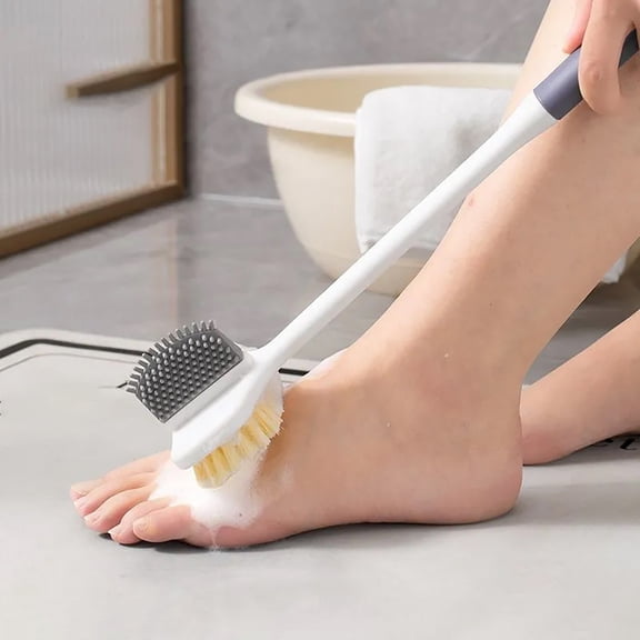 13.6" Long Handle Exfoliating Body Scrubber 2-in-1 Dual Sided Bath Brush for Shower with Soft Bristles & Silicone Toe Cleaner, Back & Foot Scrubber for Dead Skin Removal Body Care