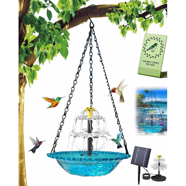 Fuente colgante para baño de pájaros, diseño de tres niveles, lavabo de cristal en cascada con bomba solar, perfecto para jardines al aire libre, patios y decoración de césped (azul)
