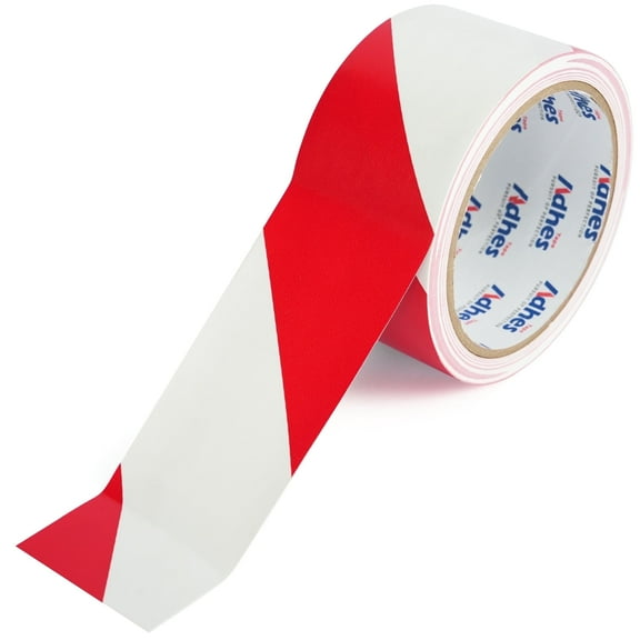 Red and White PVC Safety Warning Tape – 2 Inch x 52 Feet, Hazard Marking Floor Tape for Aisles, Warehouses, Construction Zones – ADHES Brand