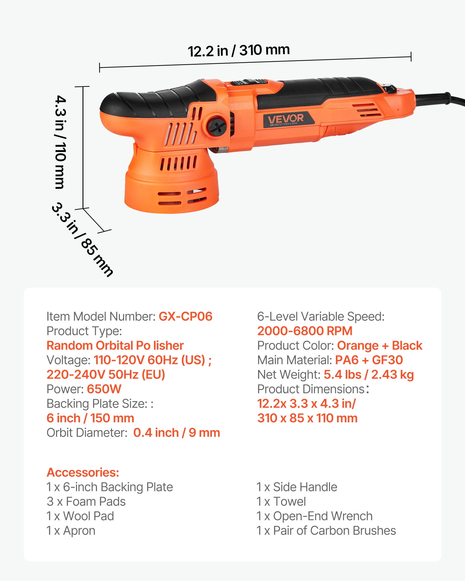 VEVOR Car Buffer Polisher, 6-Inch Dual Action Polisher Buffer Waxer, 650W 6 Variable Speeds 2000-6800RPM Random Orbital Polisher Kit for Cars Detailing, Waxing, Polishing