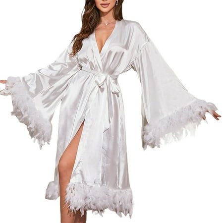 YiLvUst Women Bathrobe Nightwear Lingerie Feather Long Sheer Kimono Bridal Long Sleeve Robe Sleepwear Loungewear