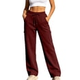 thumbnail image 2 of LEAVINGSUO Wide Leg Sweatpants for Women Drawstring Elastic Waist Side Flap Pocket Work Pants Straight cut Casual Trousers Wine XL, 2 of 9