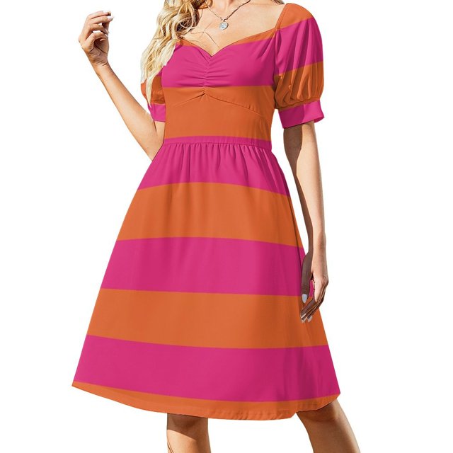 Vestido de fiesta de manga corta con rayas horizontales color naranja Pop y rosa neón vestidos de fiesta