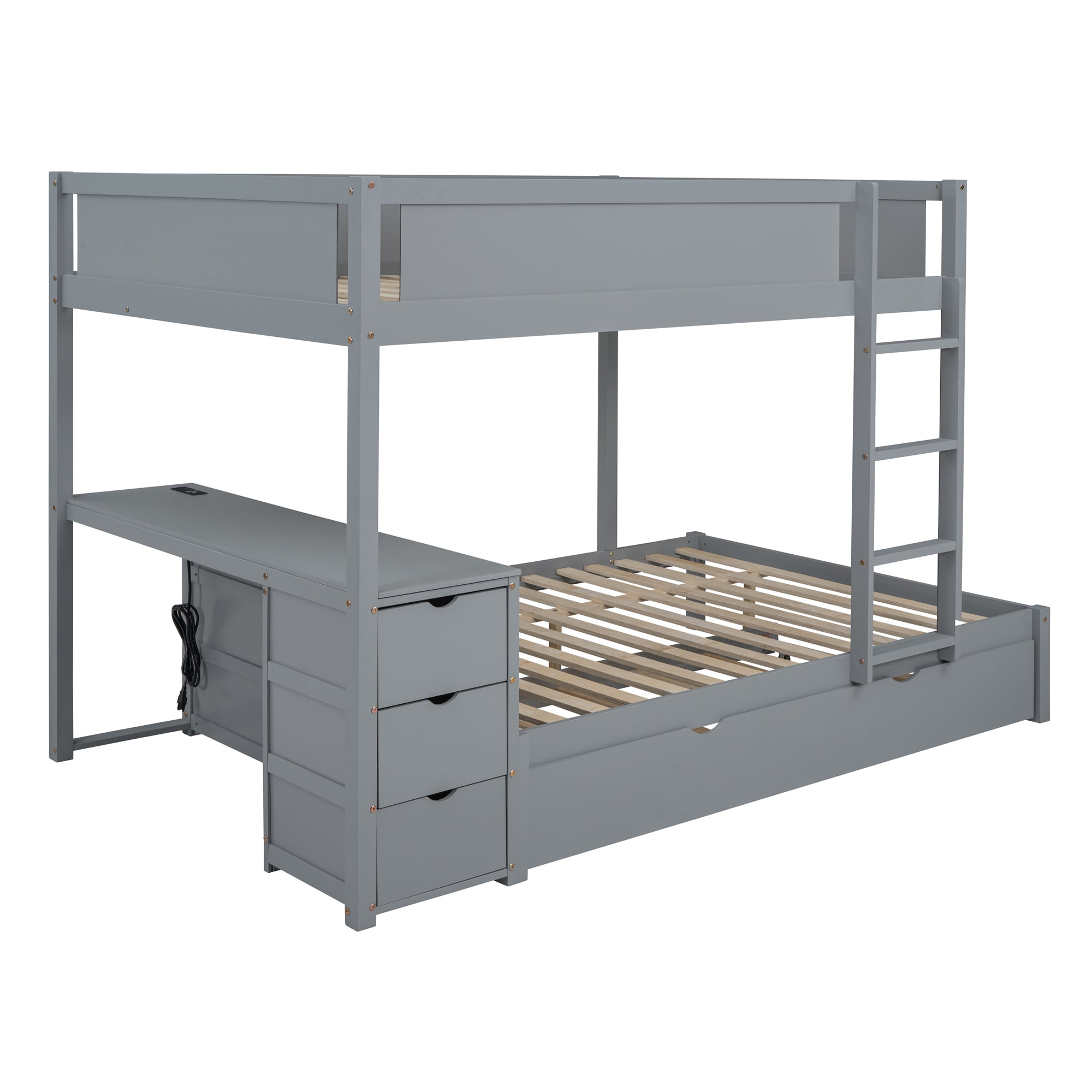 Full-Over-Full Bunk Bed with Twin size Trundle and 3 Storage Drawers, Solid Wood Floor Bunk Bed with Desk, Ladder and Guardrails for Kids Teens Adults