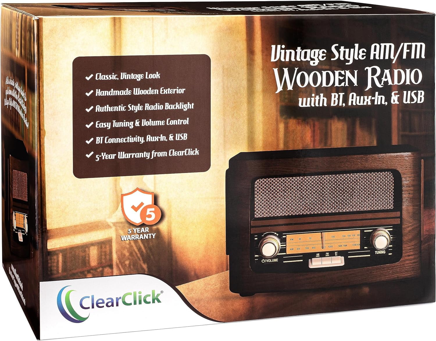 ClearClick VR47 Bluetooth Corded Electric Backlight Portable AM/FM Radio, Brown