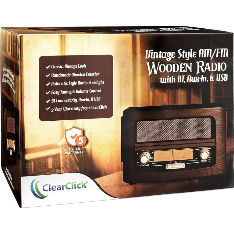 ClearClick Classic Vintage Retro Style AM/FM Radio with Bluetooth, Aux-in,  & USB - Handmade Wooden Exterior