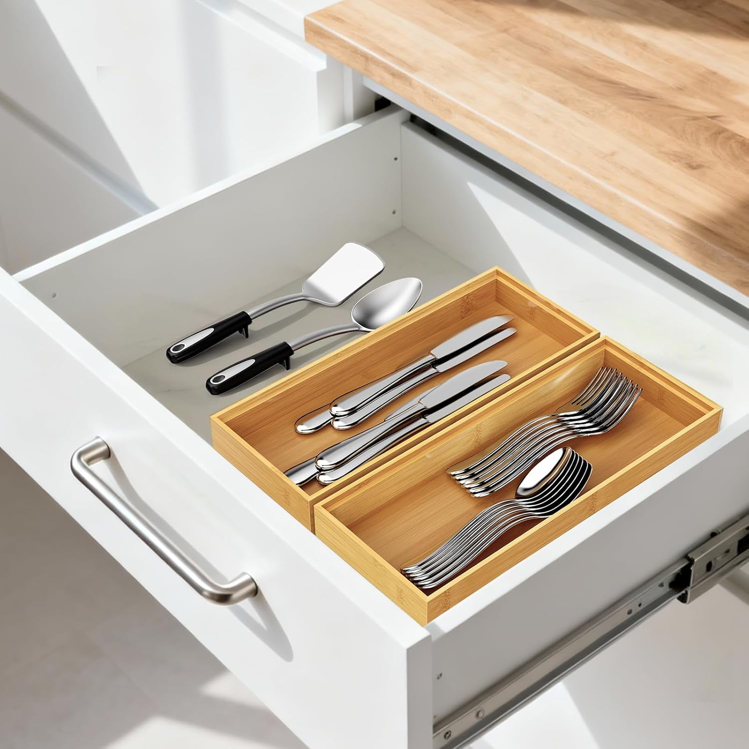 RGHJAR-Bamboo Drawer Organizer, Stackable Utensil Trays for Kitchen, Wood Silverware Organizer for Drawer, Set of 2-15"x6"x2"