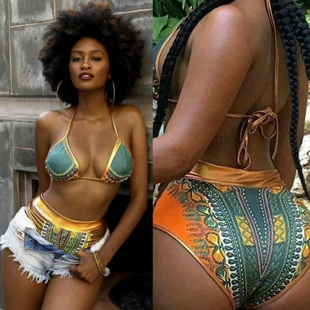 African Style Print Two-Pieces Bra Panty set Sex Bath Suits Bikini Set  Geometric Graphic Swimwear Swimsuit Gold High Waist Swimming Suit 