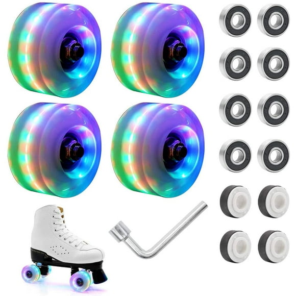 LED Light Up Roller Skate Wheels with Bearings 4 Pack Cool Lighting-up Skating Wheels for Double Row Skating 32mm x 58mm