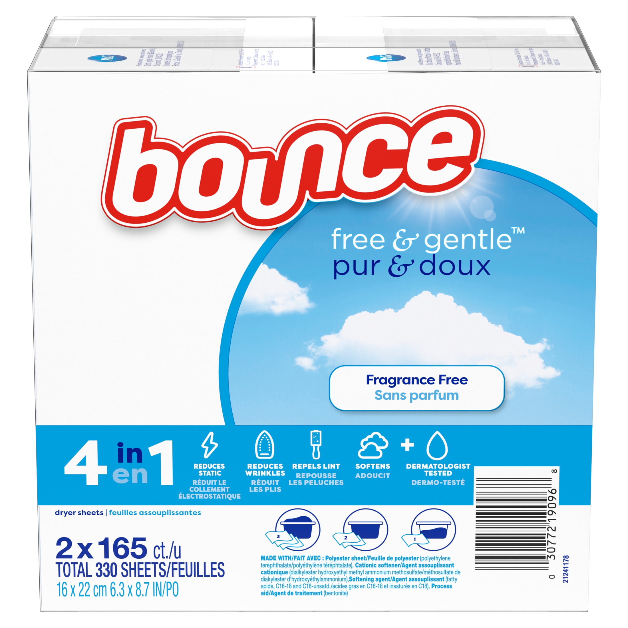 Bounce Dryer Sheets, Free & Gentle, Unscented, 330 Count