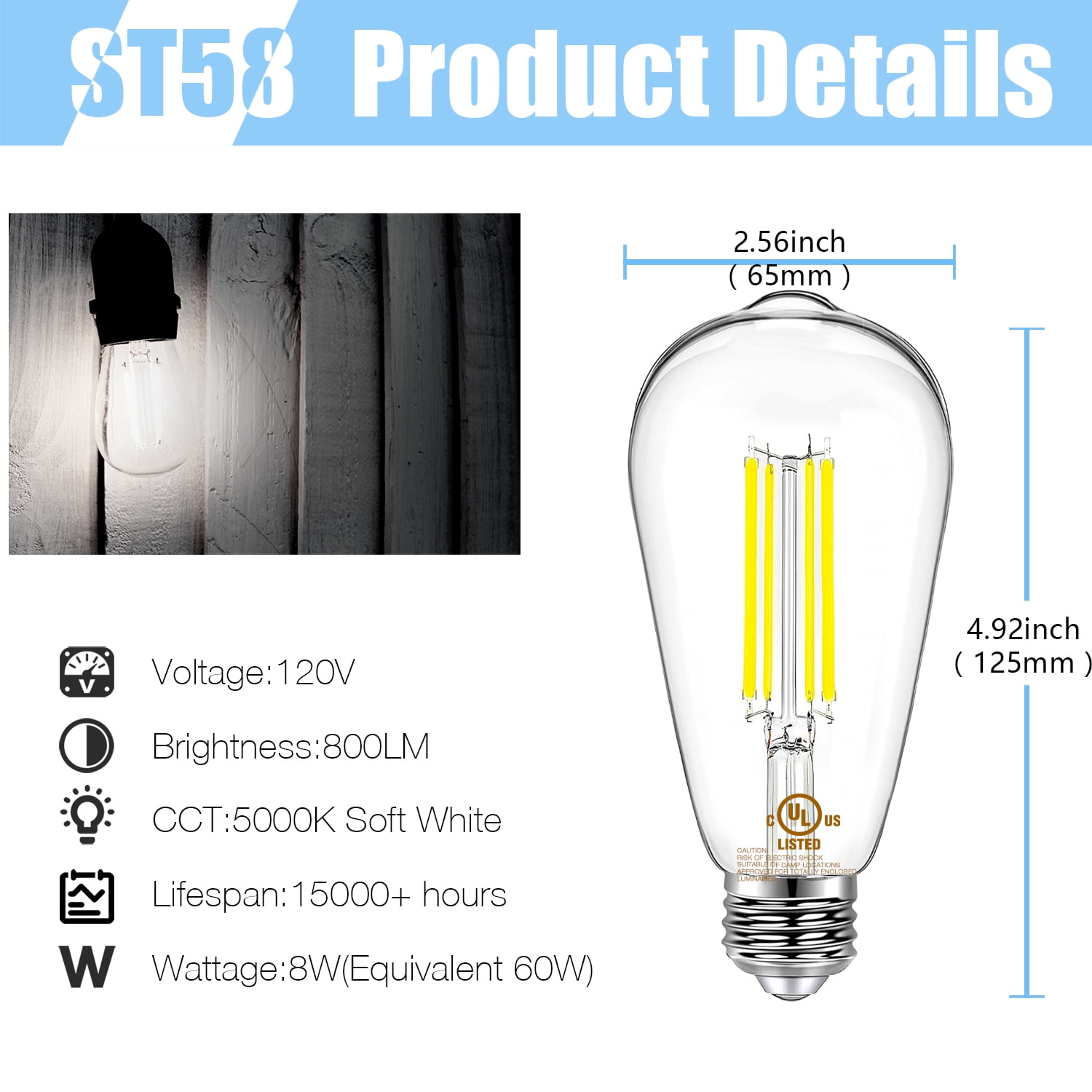 BOCOD Edison Light Bulbs 60W Equivalent, Dimmable Vintage LED Light Bulbs, E26 Medium Base, 5000K Daylight, ST58, 8W, 800LM, 80+ CRI, Antique Decorative Filament LED Bulb, Clear Glasses, 6 Pack