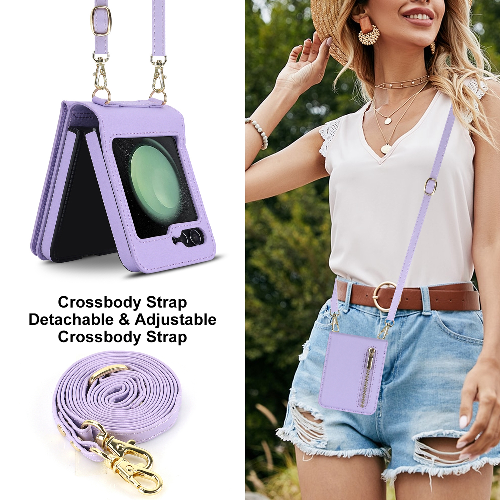 Decase for Samsung Galaxy Z Flip 5 Luxury Zipper Wallet Phone Case, Multi-Function Kickstand Card Holder Adjustable Fashion Flip Cover Case with Crossbody Strap for Samsung Z Flip 5 5G,Purple
