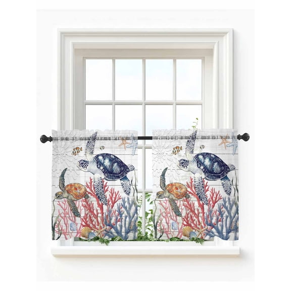 Blue Sea Turtle Coastal Tier Curtains 36 Inch Length,Sheer Curtains for Bedroom Living Room,Summer Beach Coral Shell Wooden Rod Pocket Voile Drapes Kitchen Curtains Small Window 27.5"x36" 2 Panels