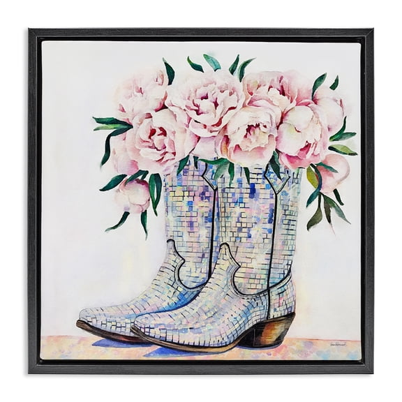 Stupell Industries Shabby Chic Rose Filled Cowgirl Boots Black Floating Frame Canvas Art, 18 x 18, by Amanda Greenwood