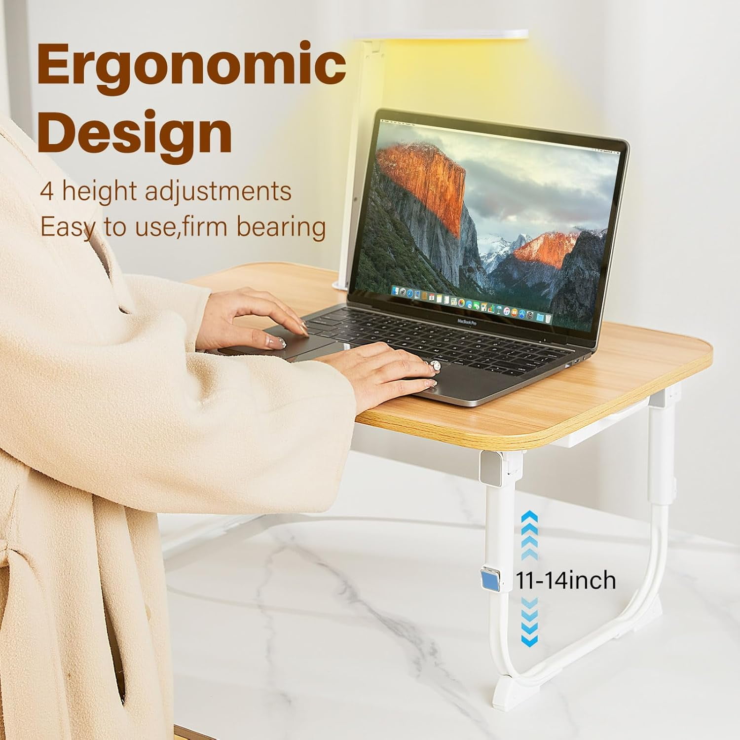 Laptop Deskfor Bed Lap Desk with LED Desk Light, Adjustable Tablet Bed Table with Foldable Legs Storage Drawer, Breakfast Serving Tray Folding Laptop Stand Reading Holder for Sofa Couch Floor (Maple)