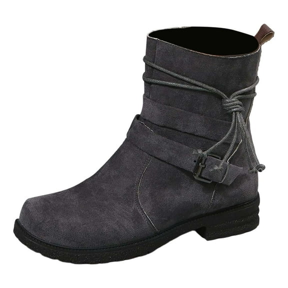 Women's Ankle Boots - Oversized Square Toe Suede Short Work Boots with Side Zipper and Round Toe