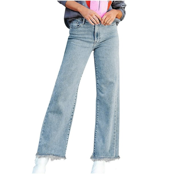 Girls Stylish Denim Pants Casual Jeans Pockets Straight Wide Leg Blue  Trousers