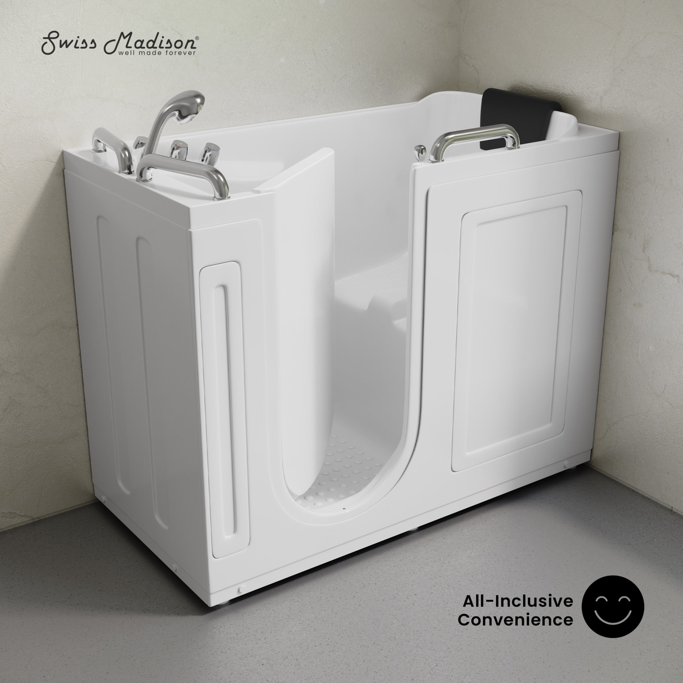 Auvergne 53" x 27" ADA Left Drain Walk-in Soaking Bathtub in Glossy White, Faucet Set, Drain, Grab Bars, Pillow Included