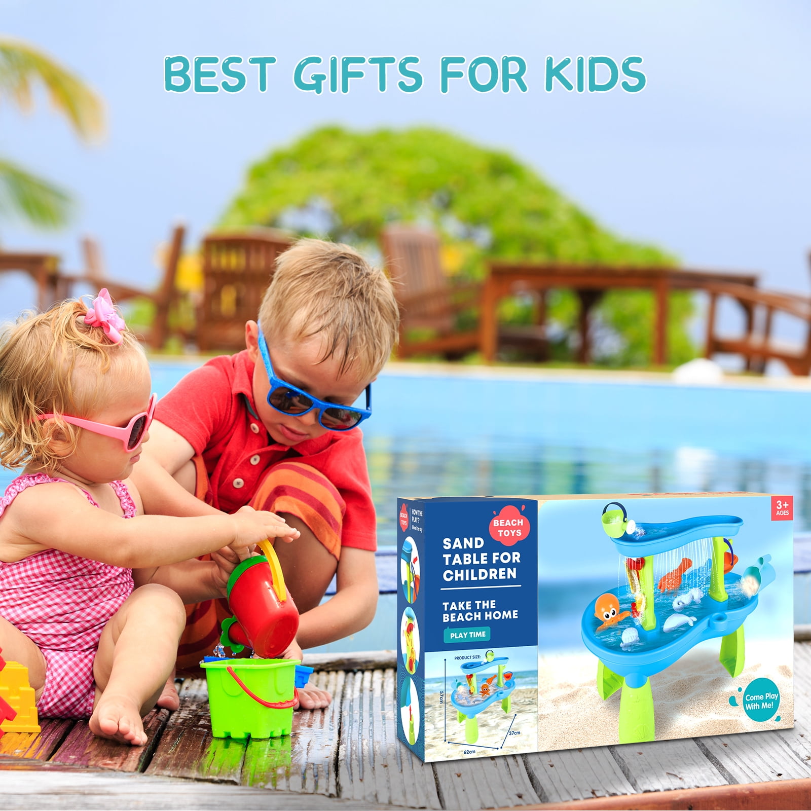 Water Tables For Toddlers, 2 In 1 Sand And Water Tables For Kids, Rain Showers Pond Water Sensory Tables Summer Outside Toys With 12 Piece Colorful Accessories, Gift For Boys Girls Kids Age 1-3 3-5