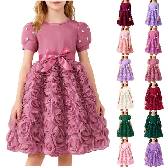Gytharion Kids 3D Rose Flower Girl Dresses Cute Bow Short Sleeve Tulle Tutu Dress Stylish Puff Sleeve Princess Dress for Bridesmaid Wedding Pageant Party, Size 4-8 Years