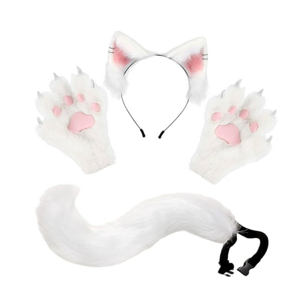 Conjunto de diadema con orejas de animal y guantes de cola para disfrazarse de una hermosa cola larga para fiestas temáticas. Blanco