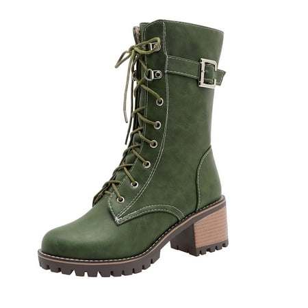 

IELGY Women s boots large size solid color round toe thick heel mid