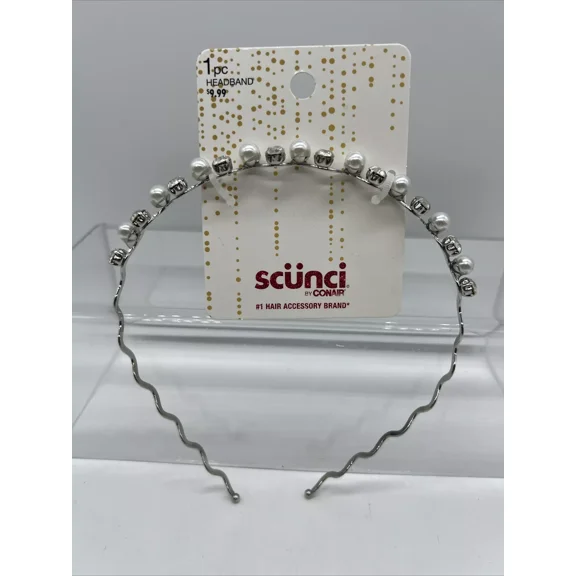 Scunci Pearl & Crystal Silver Metal Wave Styling Hair Band - Elegant Headband for Women