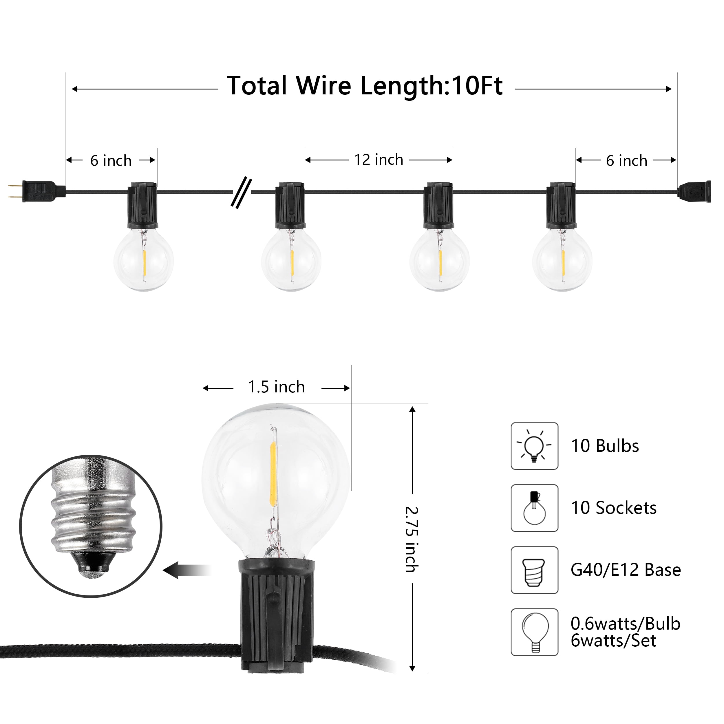 SAFAVIEH Leigh 10-Light G40 Black Metal Outdoor String Light