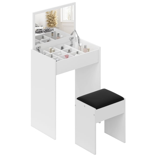 Modern White Vanity Set with Mirror & Stool - 23.7" Dressing Table for Bedroom, Makeup Table & Writing Desk, Compact Storage Solution