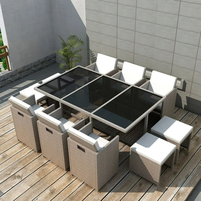 vidaXL Ensemble de Salle à Manger d'Extérieur 11 Pcs avec Coussins en Rotin Poly Beige