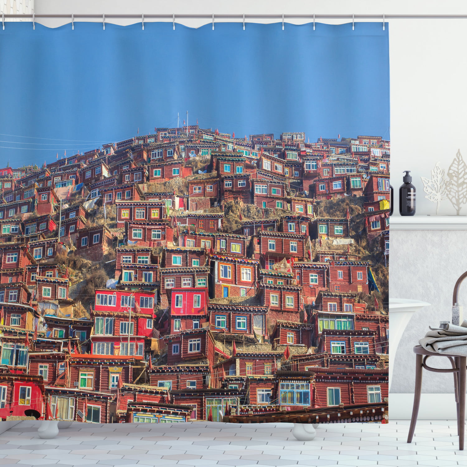 Chinese Ancient City Tower Bathroom Waterproof Fabric Shower Curtain 12 Hooks 