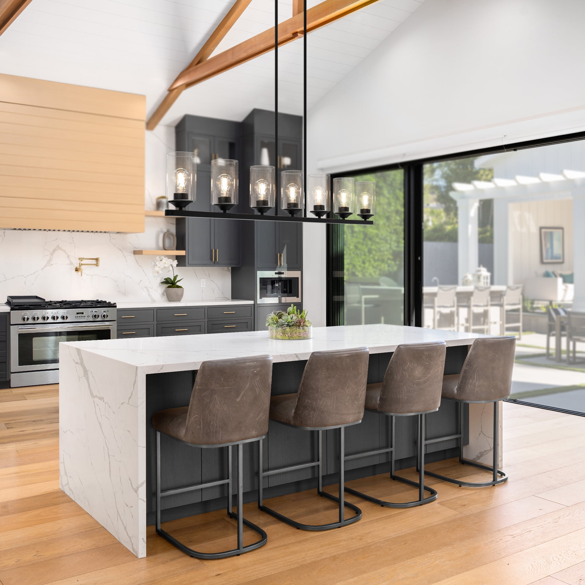 LNC Delia 7-Light Matte Black Large Linear Pendant with Clear Glass for Kitchen Island