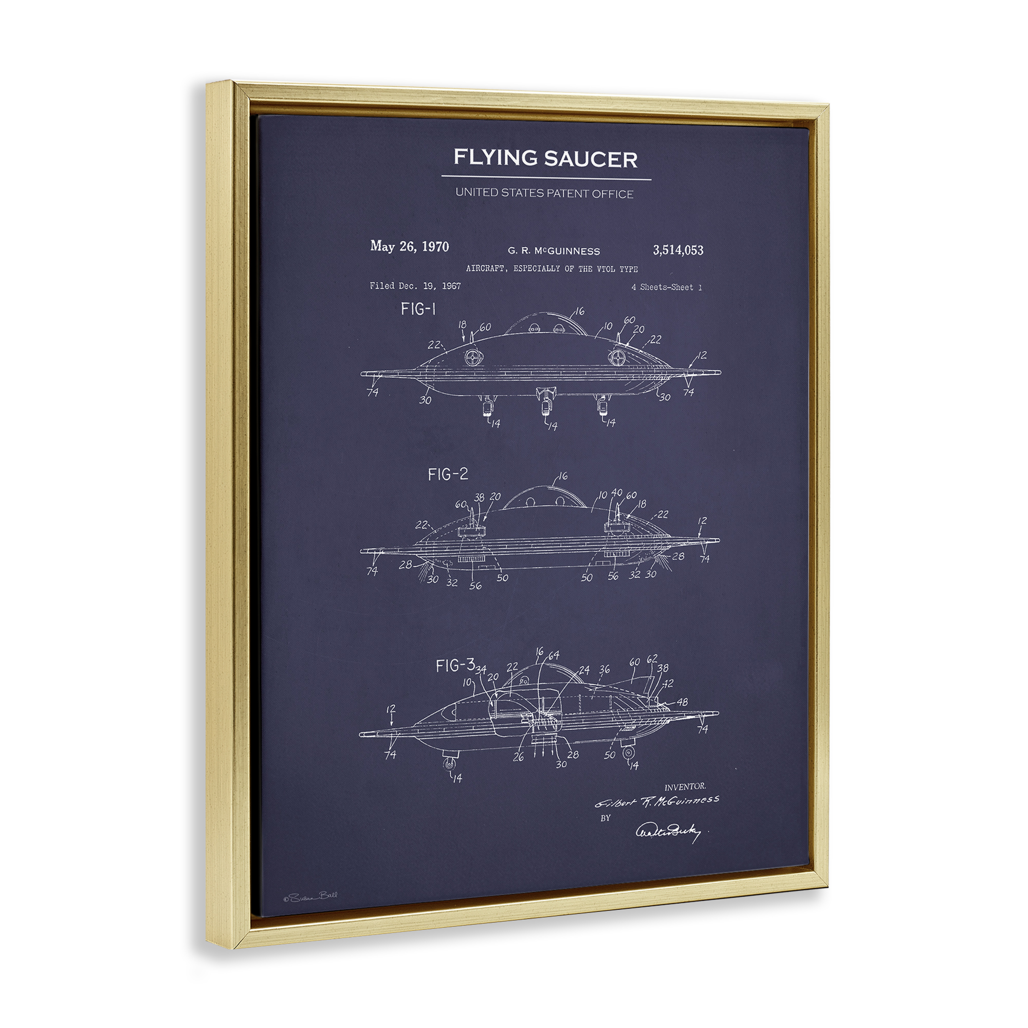 Stupell Industries Flying Saucer Blueprint Transportation Painting Gold Floater Framed Art Print Wall Art, 17 x 21