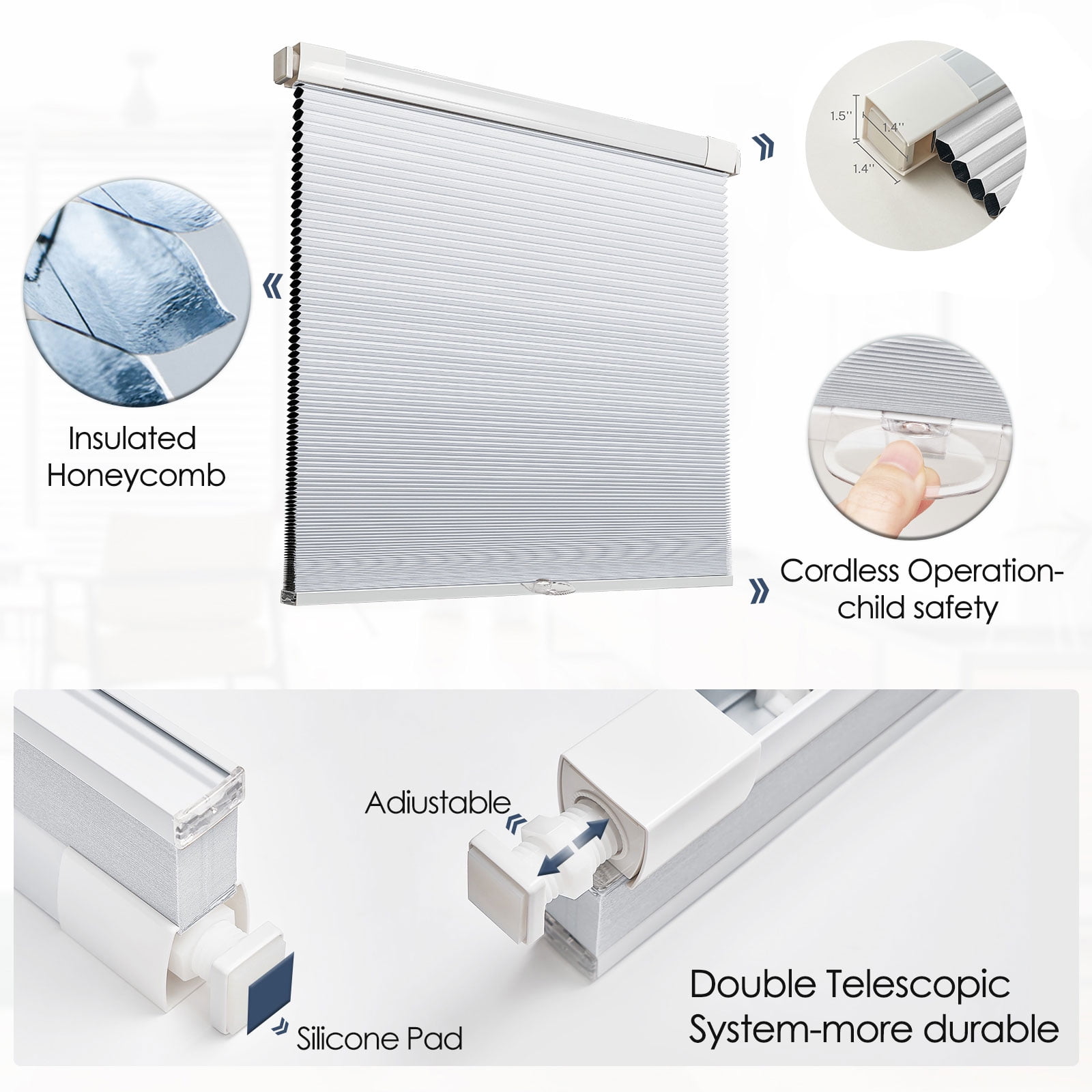 Keego No Tools Cordless Blind for Windows Blackout Cellular Window Shades Customed Honeycomb No Drilling Blinds for Home and Bedroom, White 20"W x 36"H