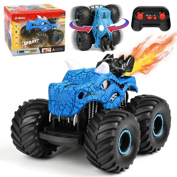 Huge Wave Dinosaur Remote Control Car for Boys, 2.4GHz RC Monster Trucks Toys with Spray, Light & Sound, All Terrain RC Cars Toys Christmas Birthday Gift for Kids 3-8,Blue