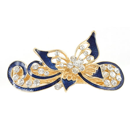 Women Rhinestone Decor Butterfly Design French Hair Barrette Clip Hairpin Blue