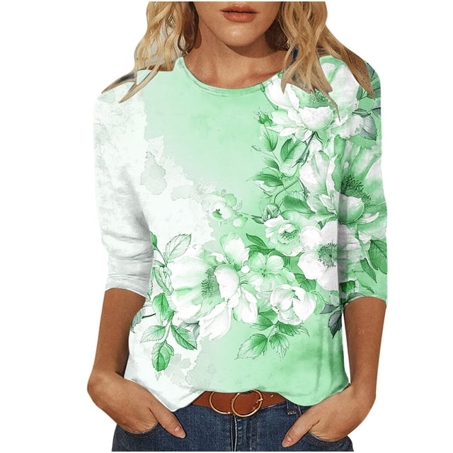 COM1950s Blouses pour Femmes, Blouses pour Femmes Mode, T-Shirt Imprimé Mode Féminine Manches 3/4 Blouse Col Rond Décontracté, Blouses pour Femmes Mode, T-Shirts pour Femmes, Blouses pour Femmes Décontractées