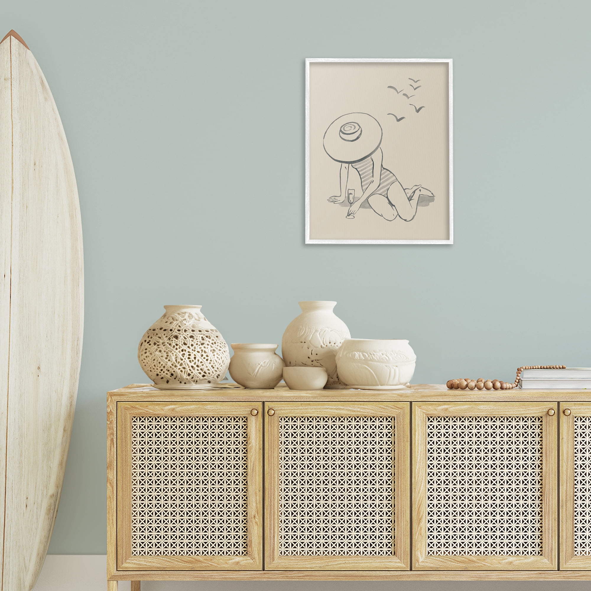 Stupell Industries Girl on Beach Sketch Novelty Drawing White Framed Art Print Wall Art, 24 x 30