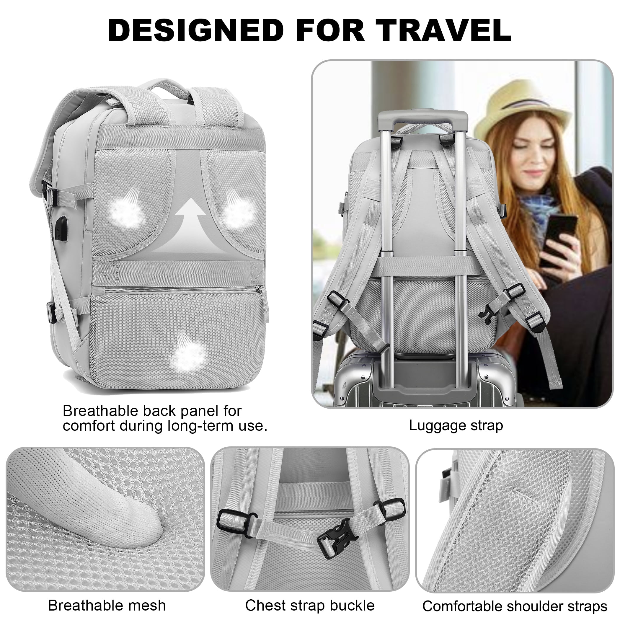 Travel Backpack for Women & Men, Carry-on Luggage Fits 15.6" Laptop , Personal Item Flight Approved Travel Bag Mochila ,Grey