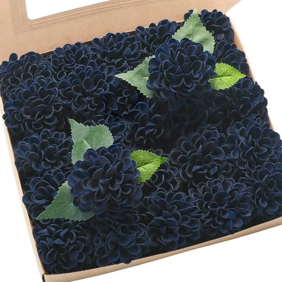 Artificial Dahlia Flowers 25pcs Real Looking Navy Blue Foam Fake Roses with Stems for DIY Wedding Bouquets Bridal Shower Centerpieces Floral Arrangements Party Tables Home Decoration